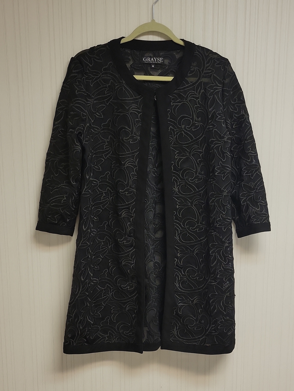 Grayse Black Embroidered Open-Front Long Cardigan Medium Quiet Luxury Fall